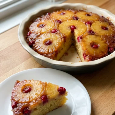 A close-up of a slice of cranberry pineapple upside-down cake, showing the moist cake and fruit topping.