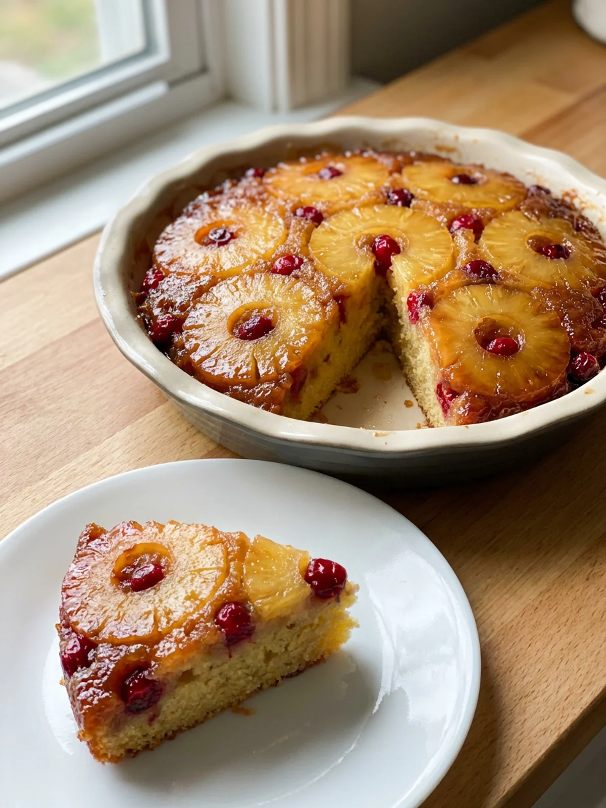 A close-up of a slice of cranberry pineapple upside-down cake, showing the moist cake and fruit topping.