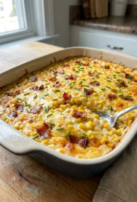 A corner view of the baked corn casserole, showing its golden top and bubbly edges.