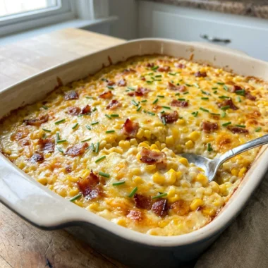 A corner view of the baked corn casserole, showing its golden top and bubbly edges.