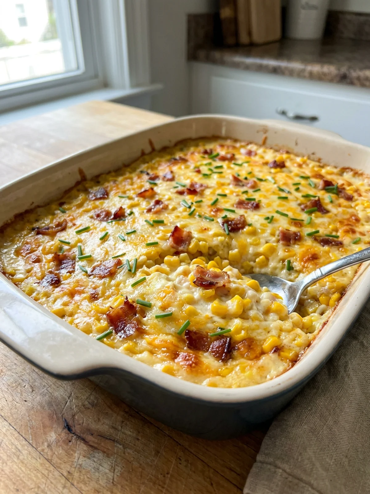 A corner view of the baked corn casserole, showing its golden top and bubbly edges.