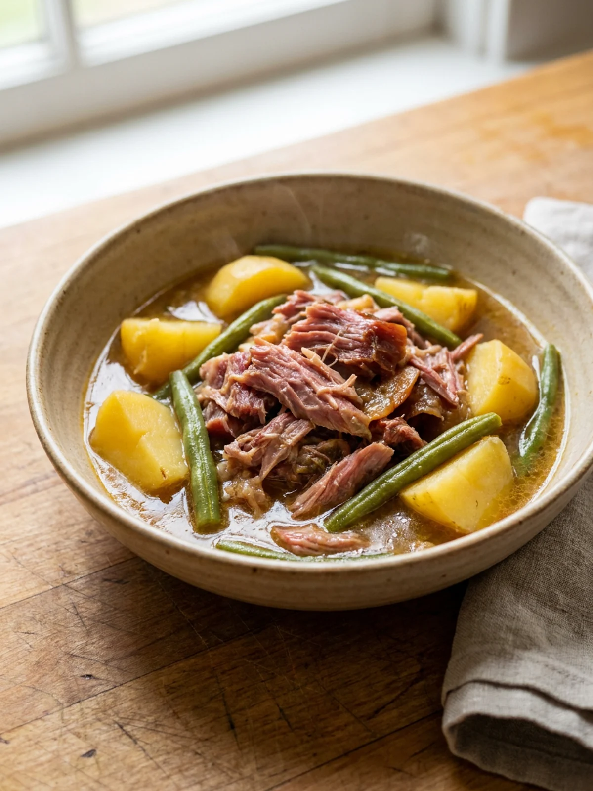 Overhead view of a finished bowl of crockpot ham and vegetables.