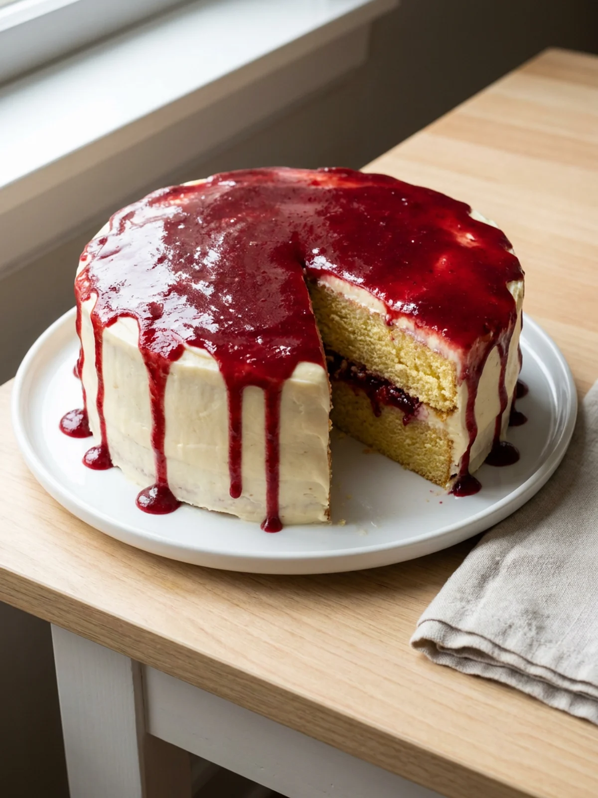 A slice of eggnog cranberry cake on a white plate with a fork nearby.