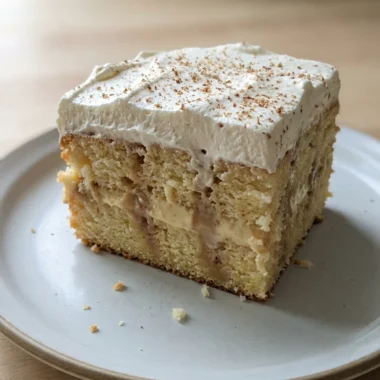 Overhead view of the full eggnog cake, decorated with a sprinkle of ground nutmeg.