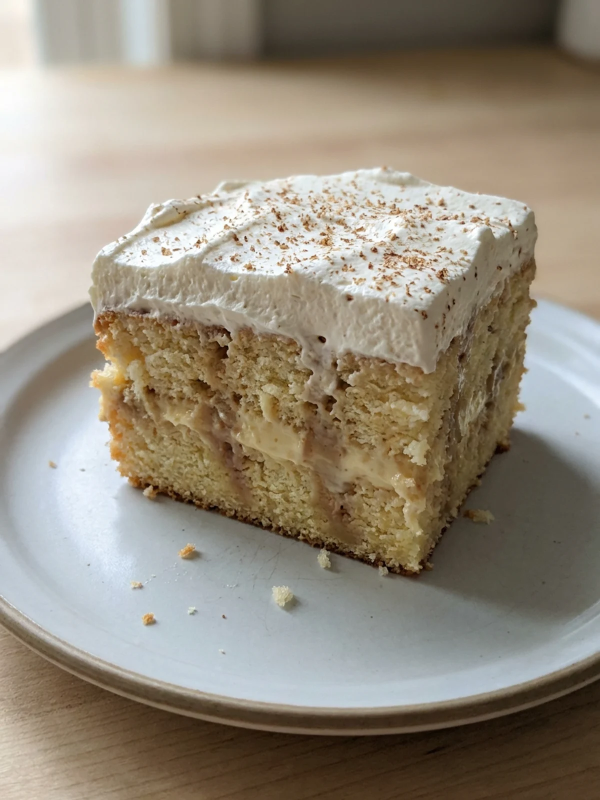 Overhead view of the full eggnog cake, decorated with a sprinkle of ground nutmeg.