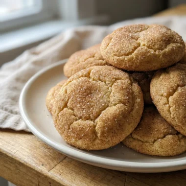 A close-up of a finished eggnog snickerdoodle cookie with a cracked, sugary top.