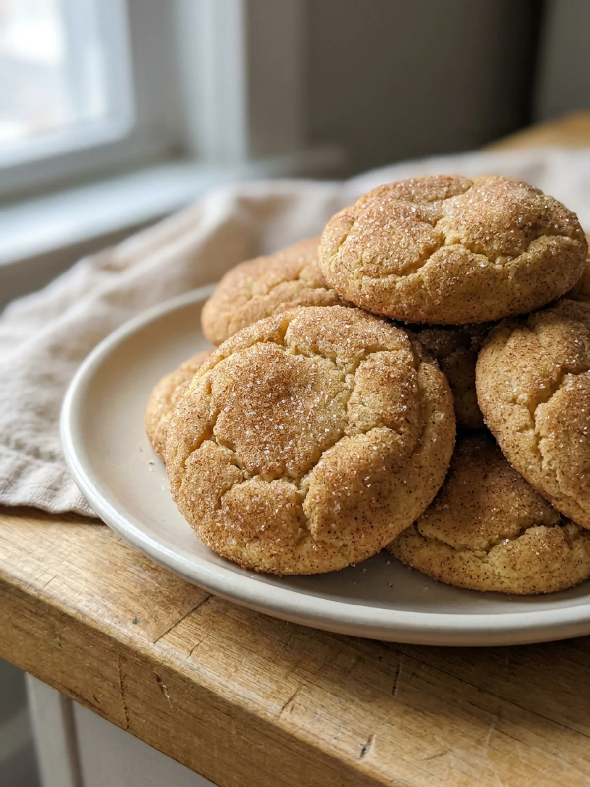 A close-up of a finished eggnog snickerdoodle cookie with a cracked, sugary top.