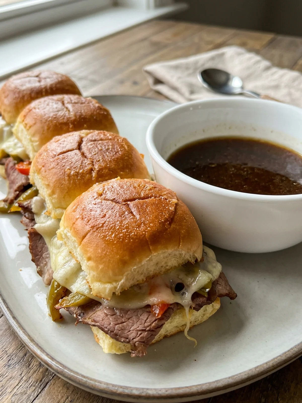 Finished French dip sliders with melted cheese, served hot from the oven with au jus.