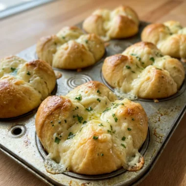A close-up of a single golden-brown garlic herb roll, showing the melted cheese and parsley.