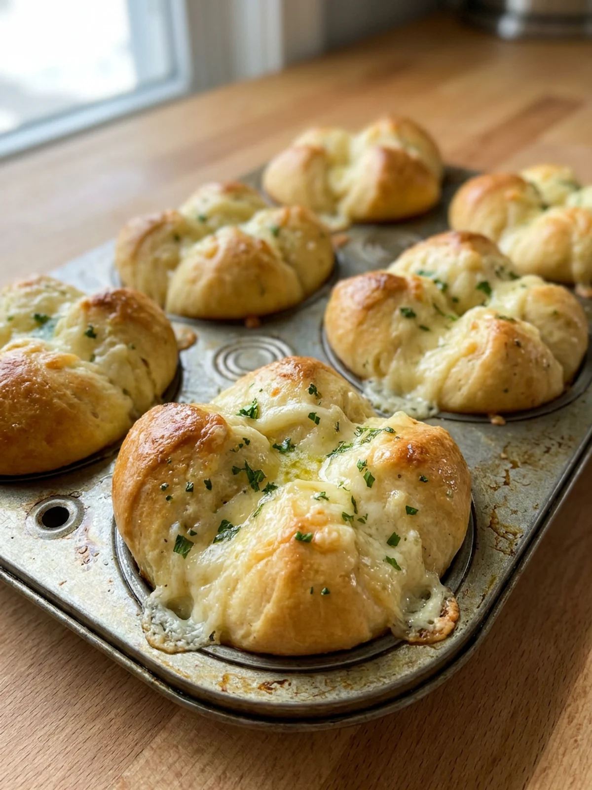 A close-up of a single golden-brown garlic herb roll, showing the melted cheese and parsley.