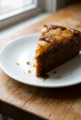 Close-up shot of a slice of gingerbread apple cake with a fork taking a bite.