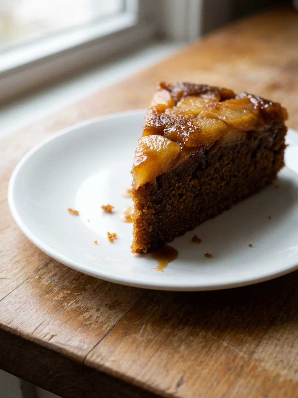 Close-up shot of a slice of gingerbread apple cake with a fork taking a bite.