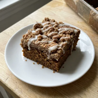 A close-up of the cinnamon crumble topping on the dark gingerbread coffee cake.