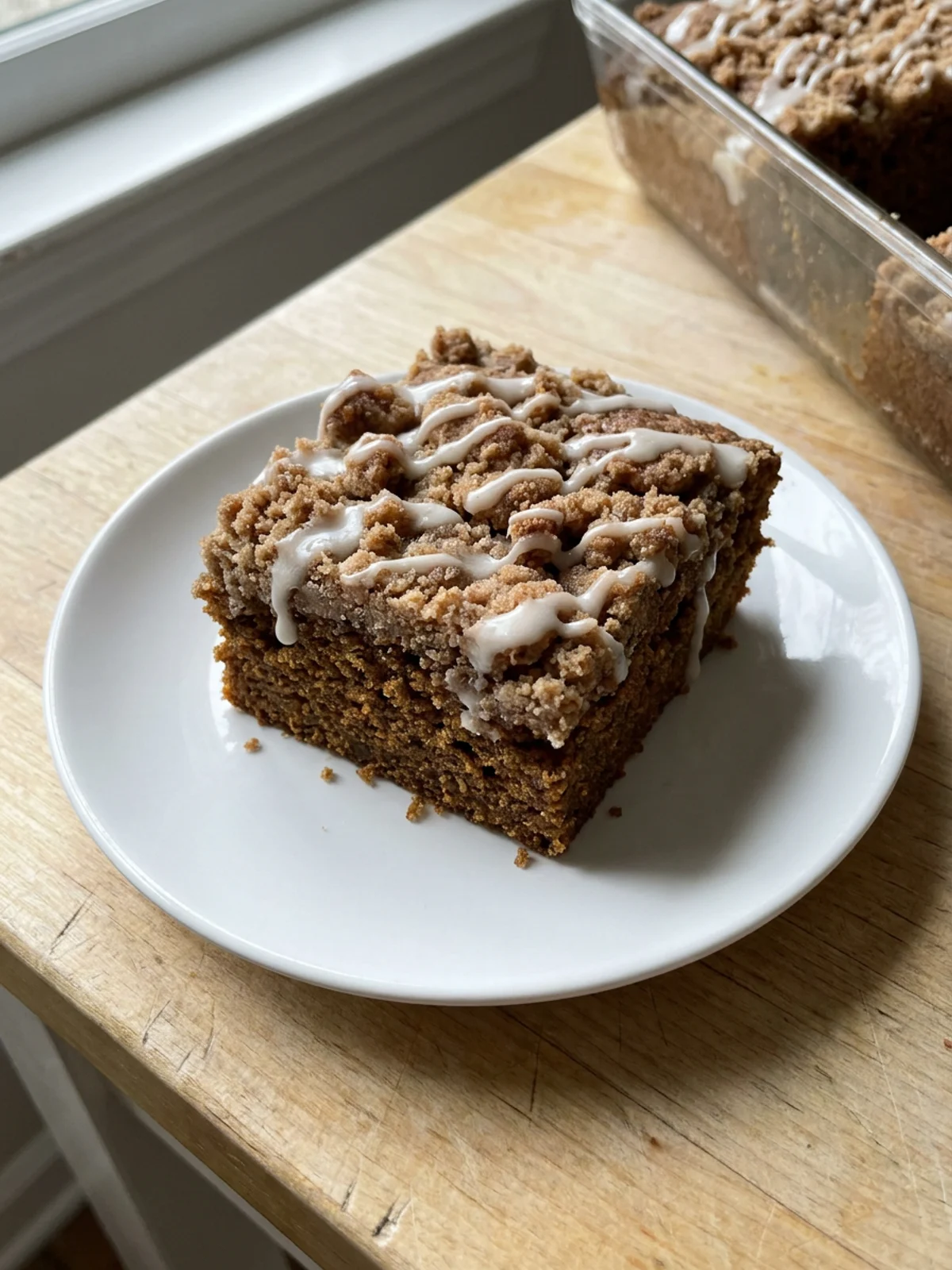 A close-up of the cinnamon crumble topping on the dark gingerbread coffee cake.