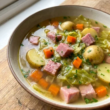 A close-up of a white bowl filled with ham, cabbage, and potato soup.