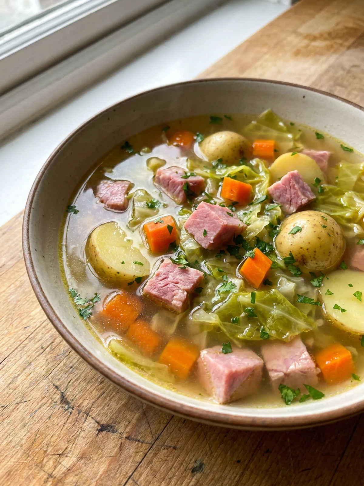 A close-up of a white bowl filled with ham, cabbage, and potato soup.