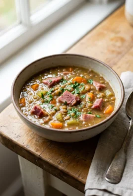 Close up of ham, lentils, and carrots in a savory, dark broth.