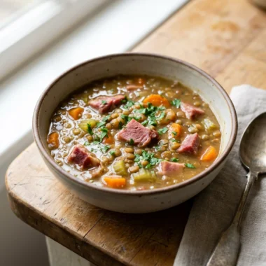 Close up of ham, lentils, and carrots in a savory, dark broth.