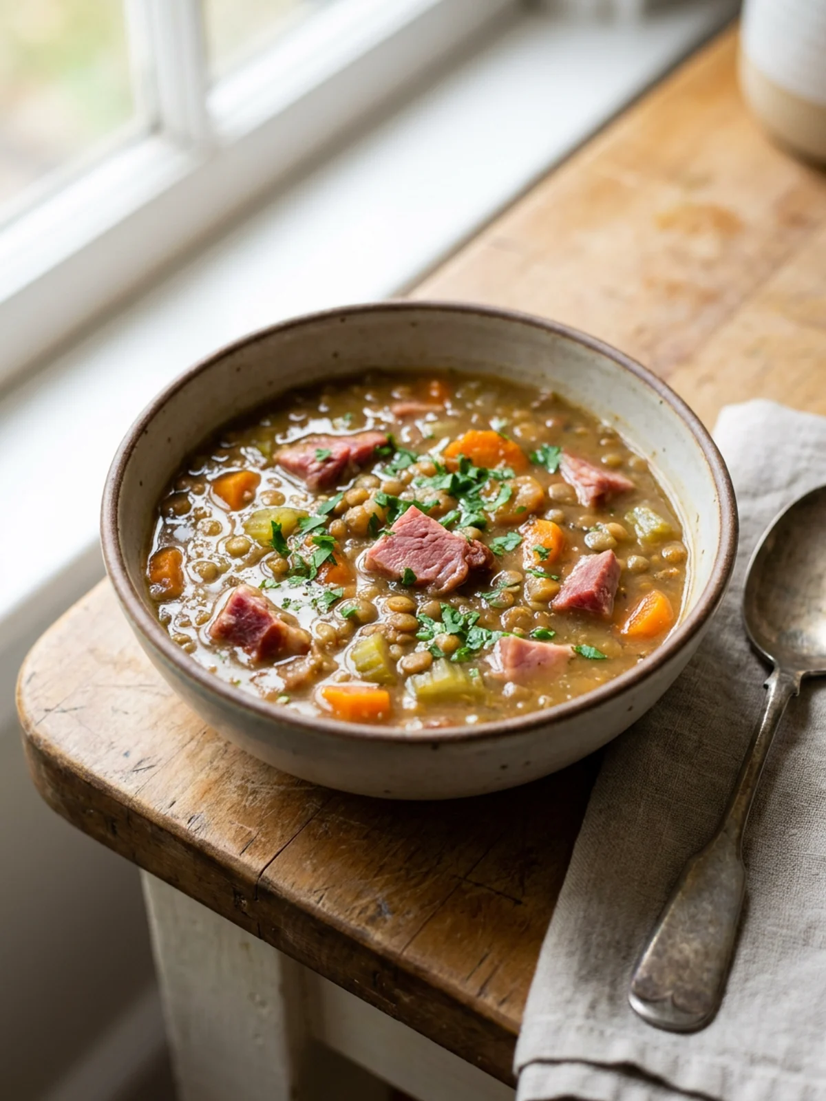 Close up of ham, lentils, and carrots in a savory, dark broth.