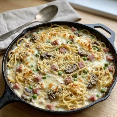 A close-up of a forkful of creamy ham tetrazzini pasta.