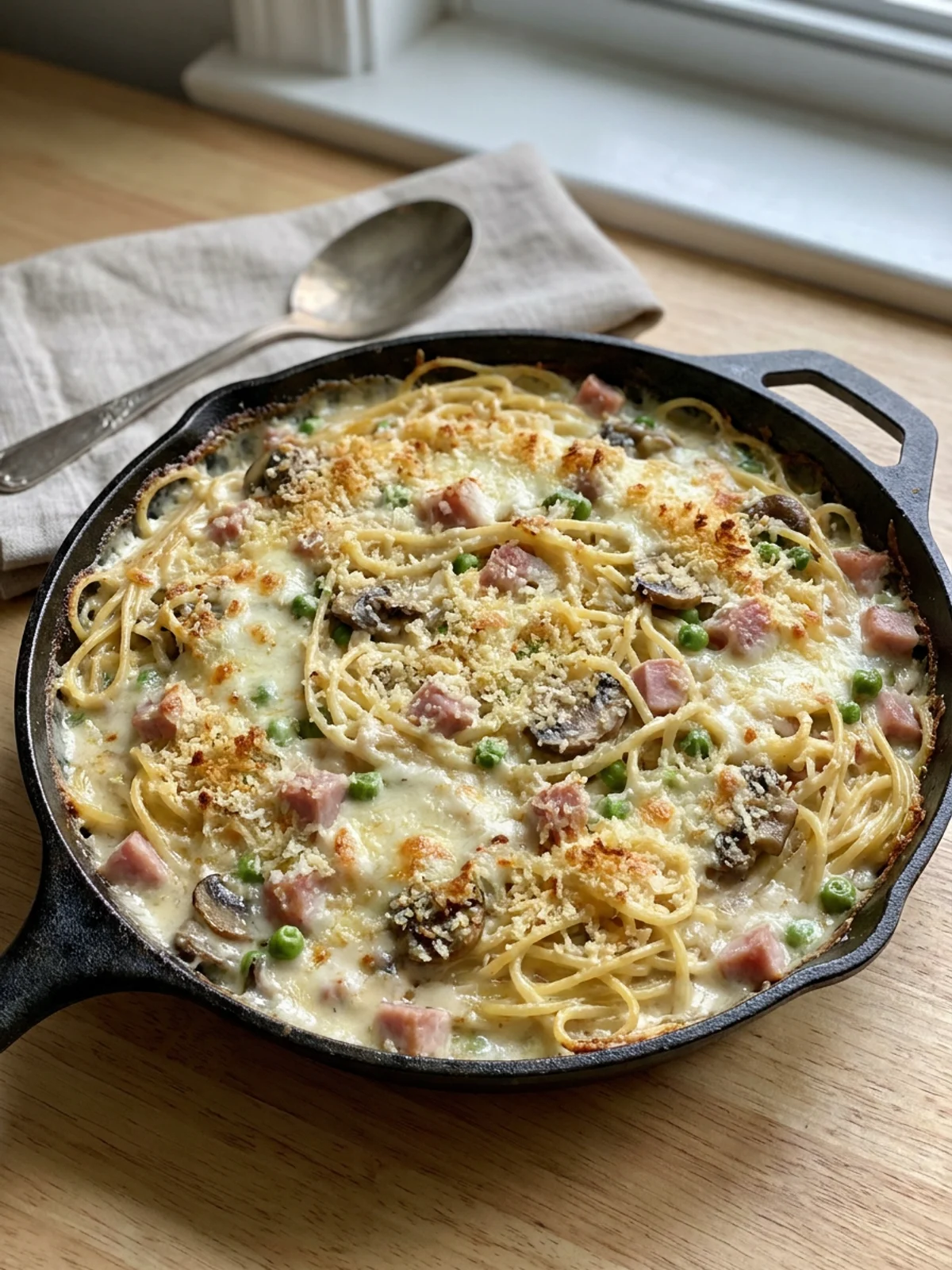 A close-up of a forkful of creamy ham tetrazzini pasta.