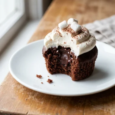 A single hot chocolate cupcake with tall white frosting on a small white plate.