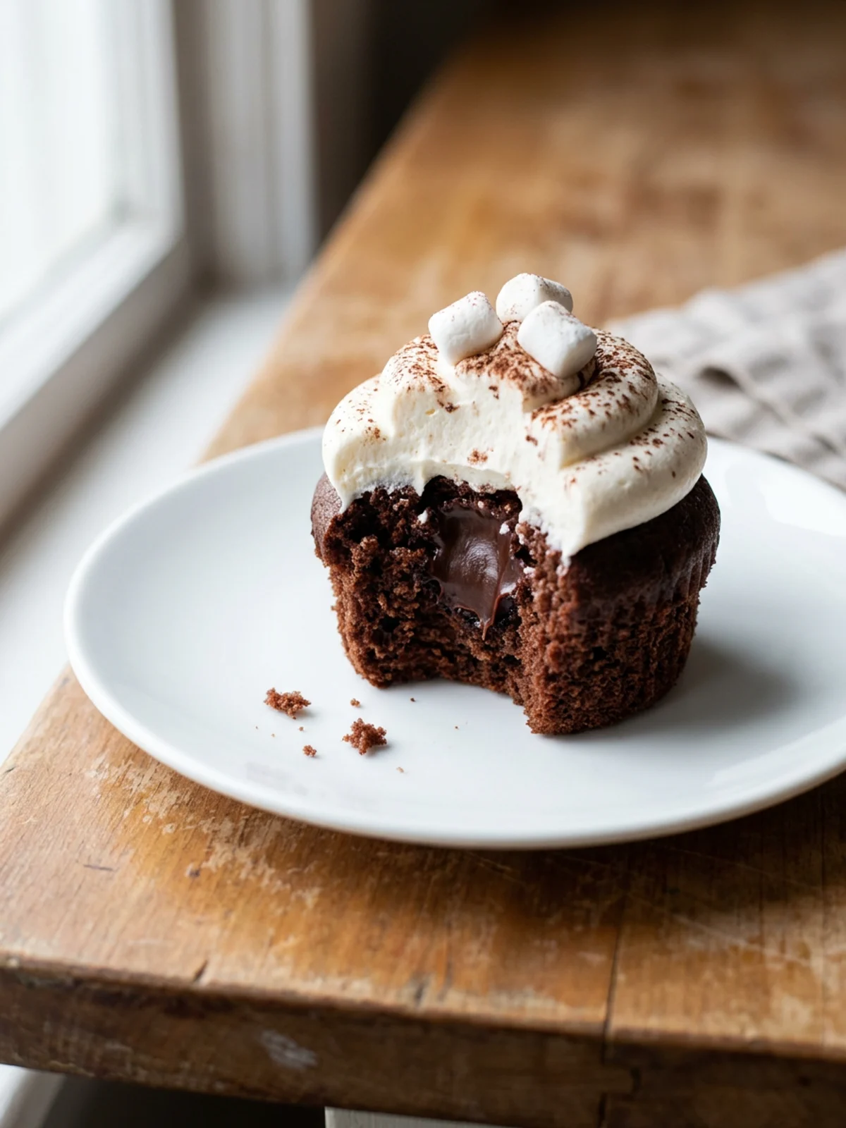 A single hot chocolate cupcake with tall white frosting on a small white plate.