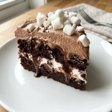The handle of a wooden spoon poking holes into a freshly baked chocolate cake.