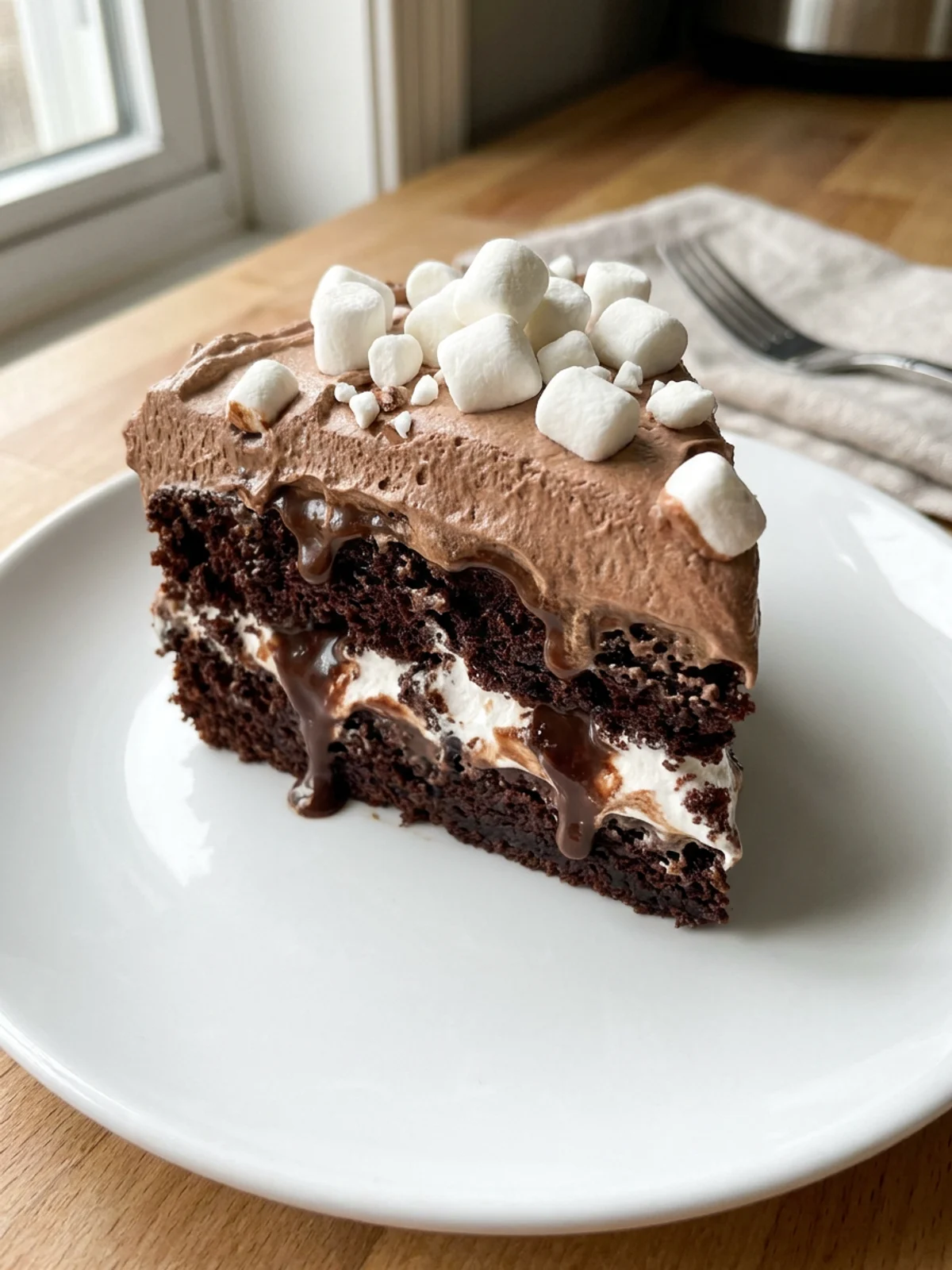 The handle of a wooden spoon poking holes into a freshly baked chocolate cake.
