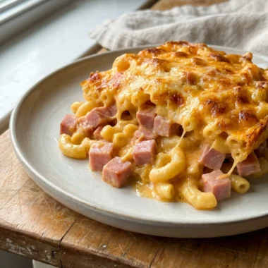 A 9x13 inch glass baking dish filled with cheesy ham macaroni before baking.