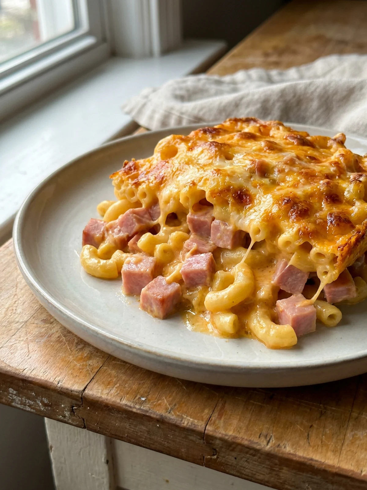A 9x13 inch glass baking dish filled with cheesy ham macaroni before baking.