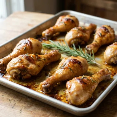 A white platter holding several maple dijon drumsticks, topped with fresh green rosemary.