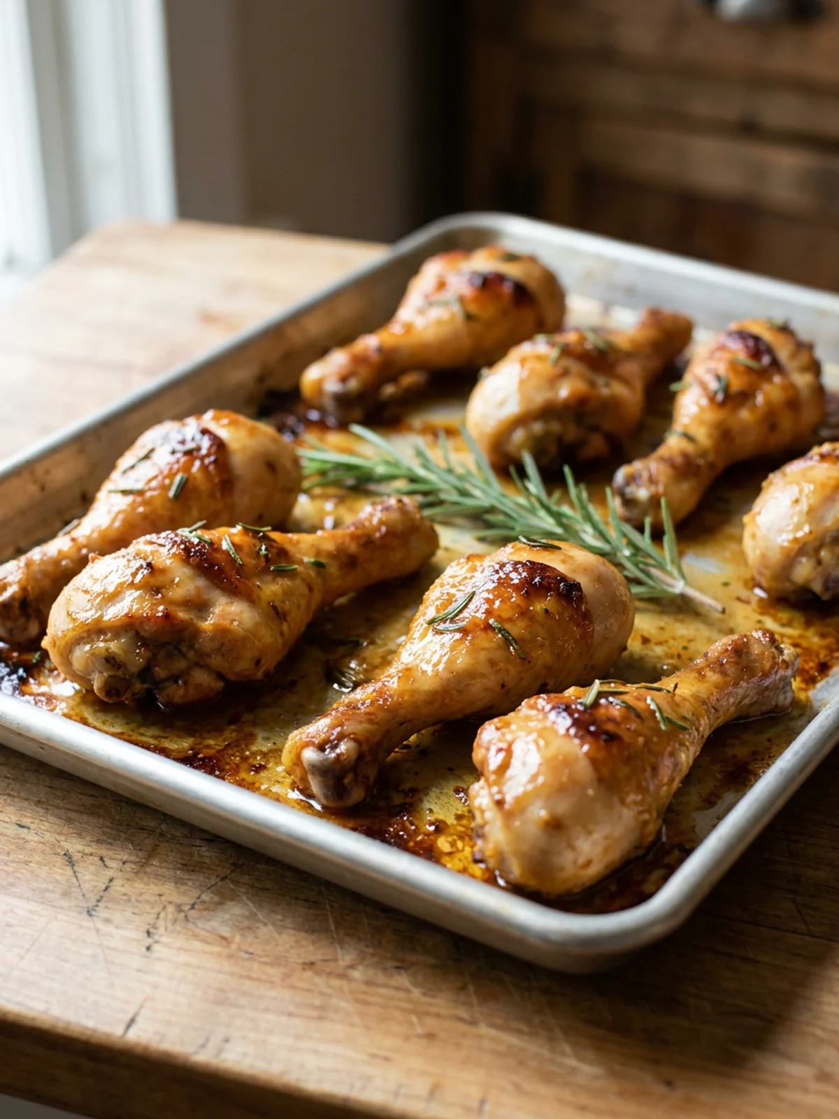 A white platter holding several maple dijon drumsticks, topped with fresh green rosemary.