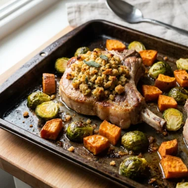 Close-up of a cooked pork chop with a golden stuffing crust next to roasted vegetables.