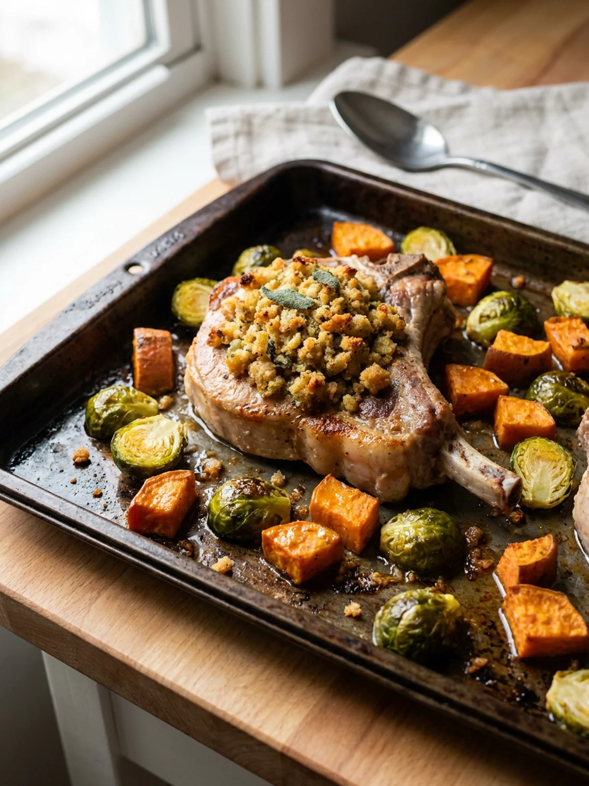 Close-up of a cooked pork chop with a golden stuffing crust next to roasted vegetables.