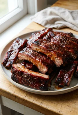 A close-up of several baked beef ribs with a dark, sticky barbecue sauce glaze.