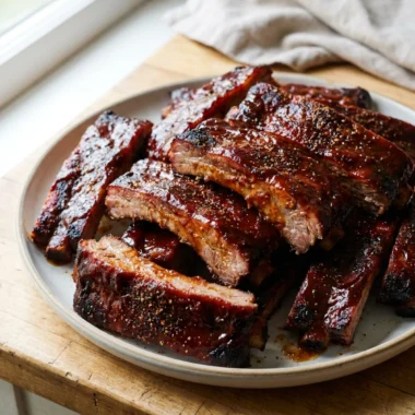A close-up of several baked beef ribs with a dark, sticky barbecue sauce glaze.