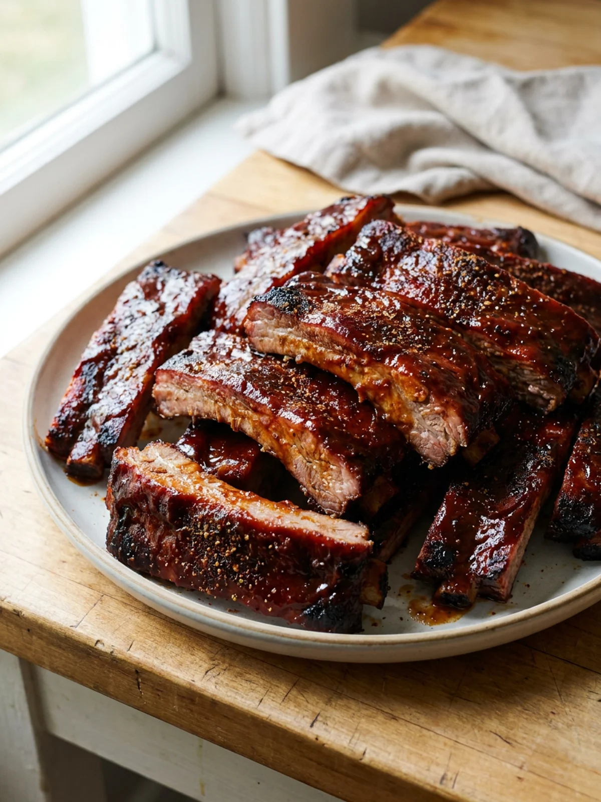 A close-up of several baked beef ribs with a dark, sticky barbecue sauce glaze.