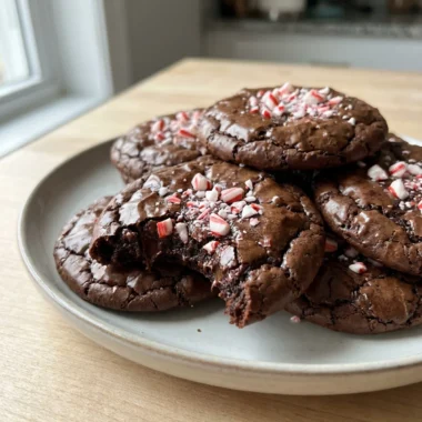 A hand holding a peppermint brownie cookie that has been broken in half to show the fudgy interior.