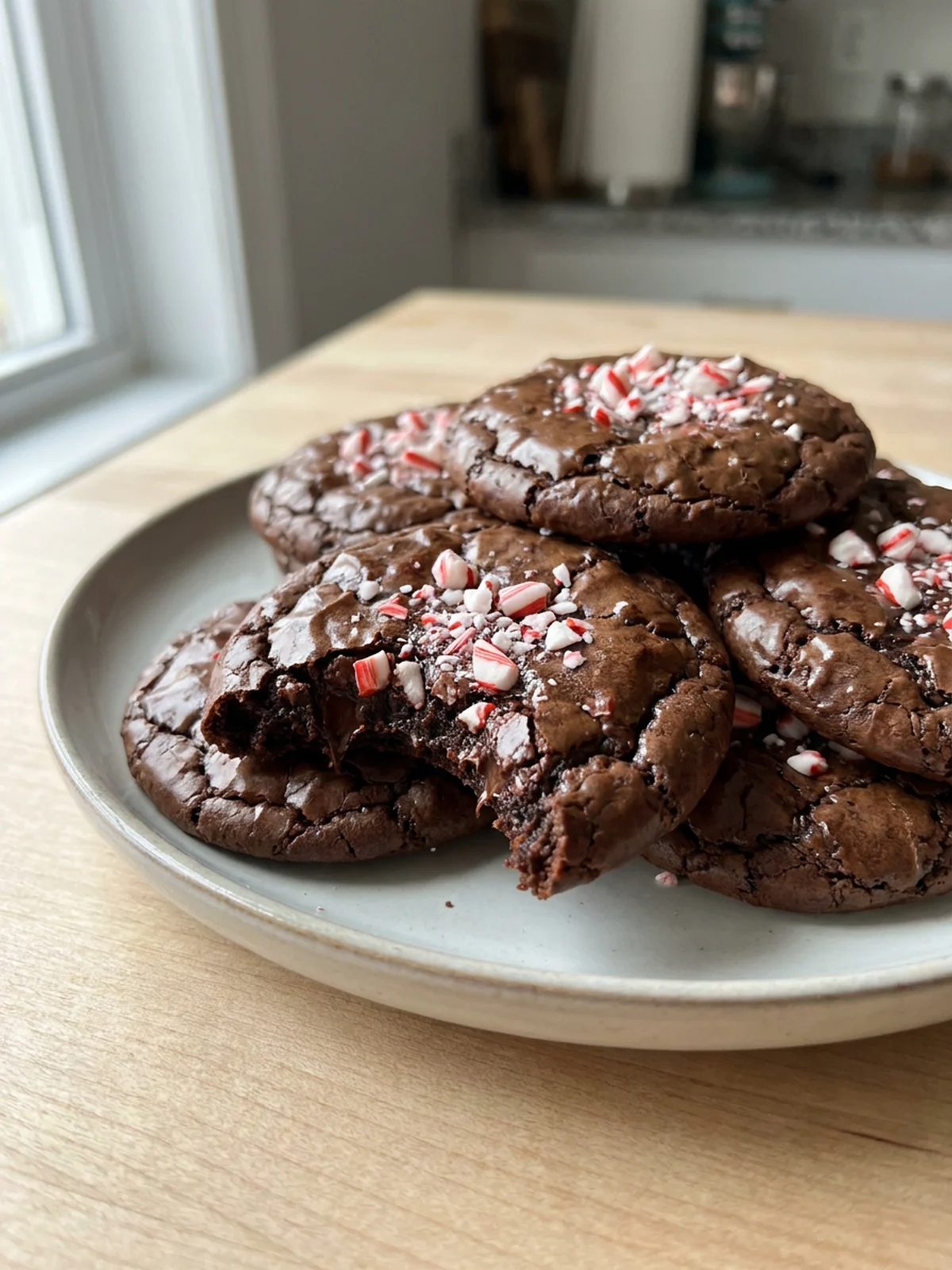 A hand holding a peppermint brownie cookie that has been broken in half to show the fudgy interior.