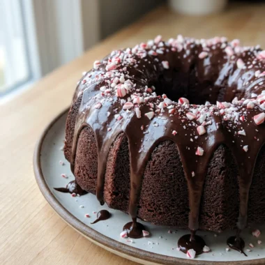 A side view of the finished bundt cake showing the dark glaze and candy cane topping.