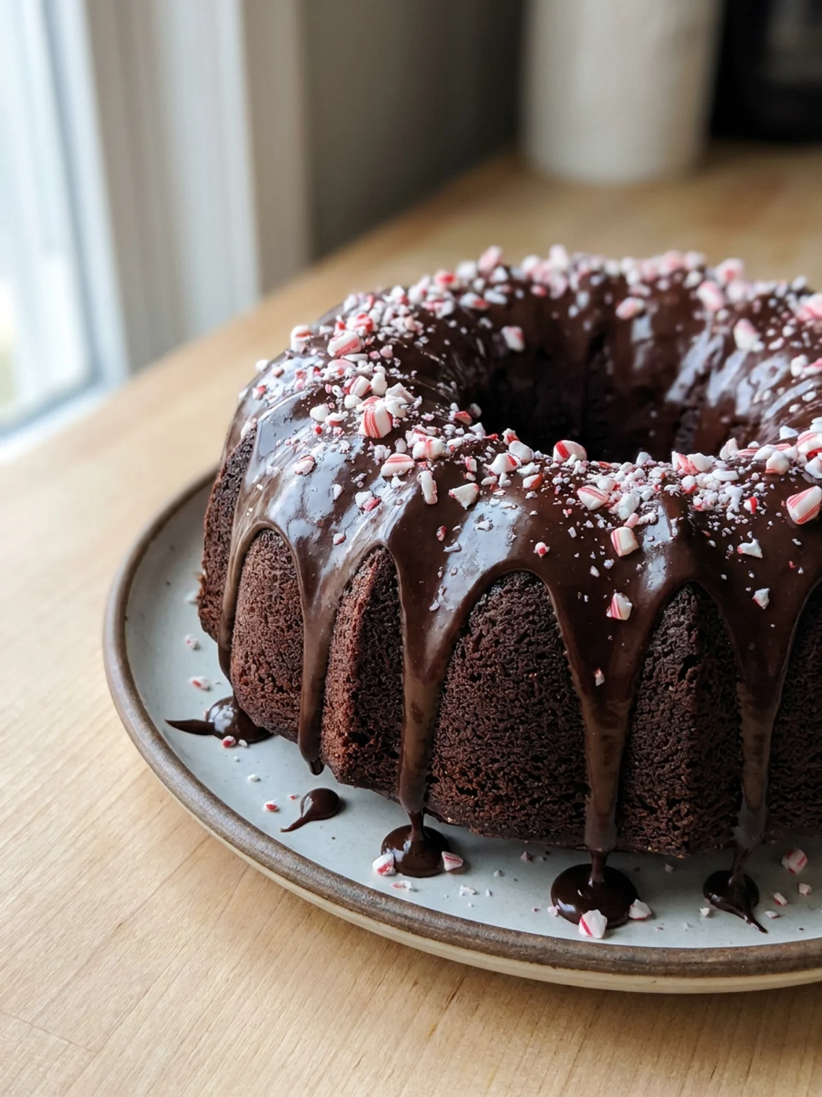 A side view of the finished bundt cake showing the dark glaze and candy cane topping.