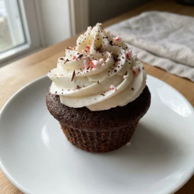 A single chocolate cupcake with white frosting and red and white peppermint pieces on top.