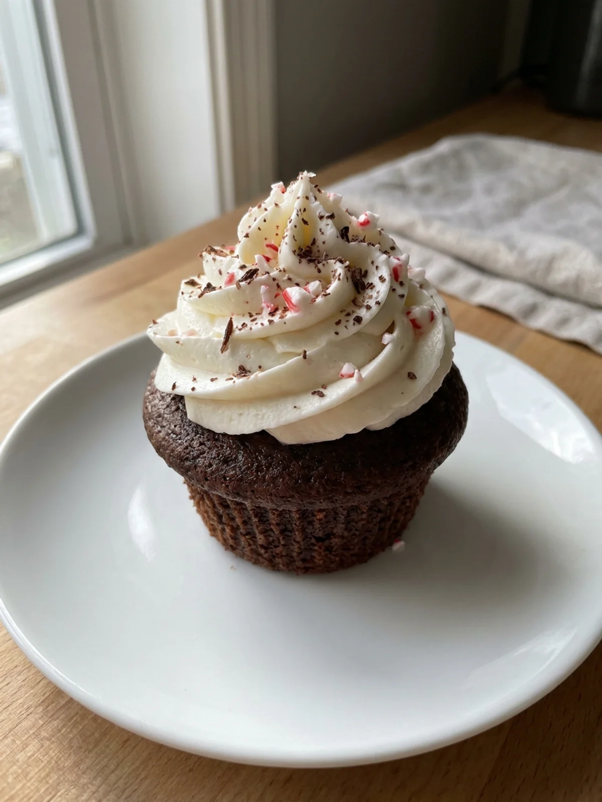 A single chocolate cupcake with white frosting and red and white peppermint pieces on top.