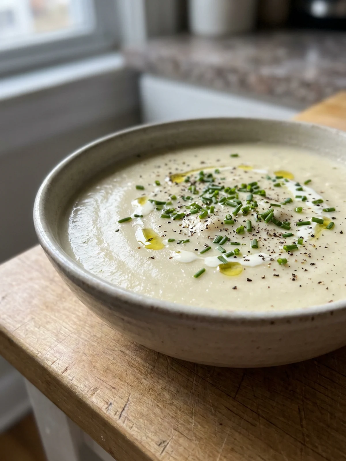 A close-up of a white bowl filled with creamy potato soup, topped with fresh green chives.