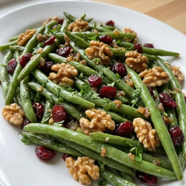 A white serving bowl filled with roasted green beans, cranberries, and walnuts.