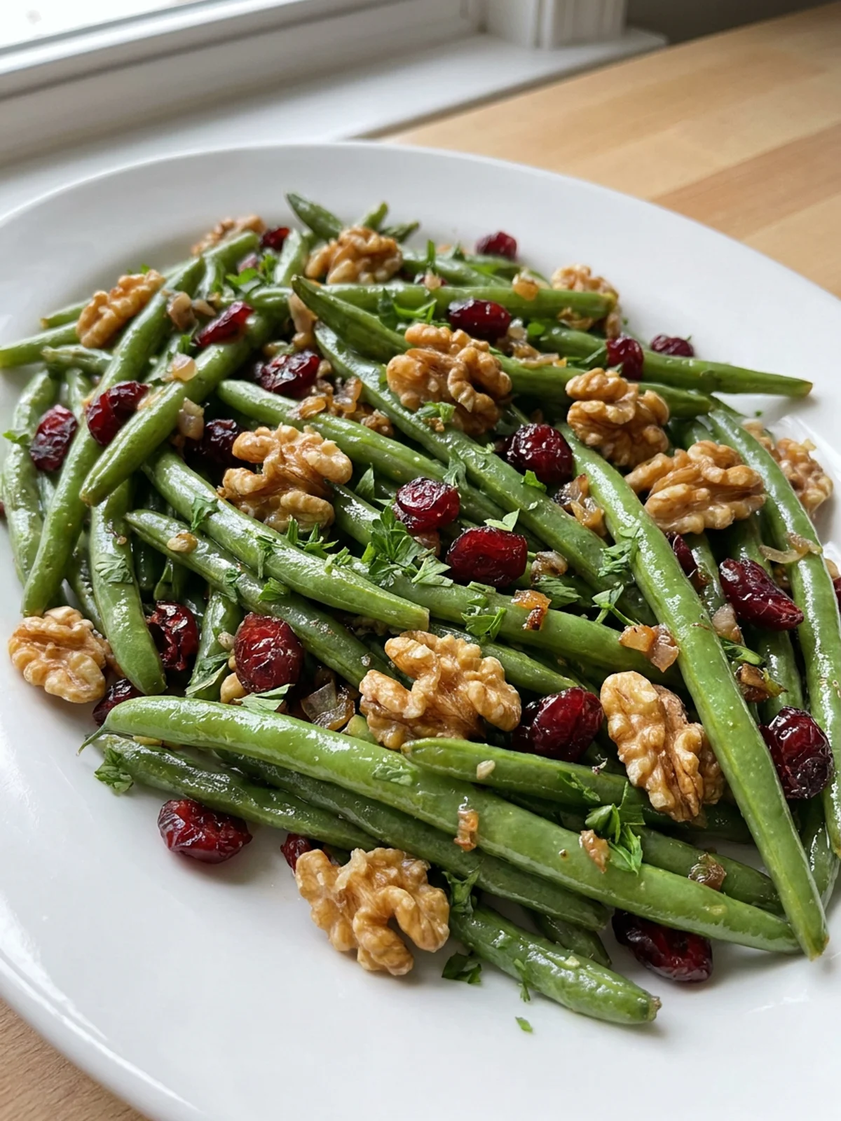 A white serving bowl filled with roasted green beans, cranberries, and walnuts.