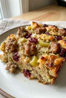 A white plate with a square portion of stuffing casserole, ready to eat.
