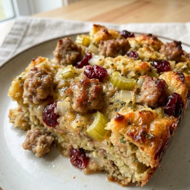 A white plate with a square portion of stuffing casserole, ready to eat.
