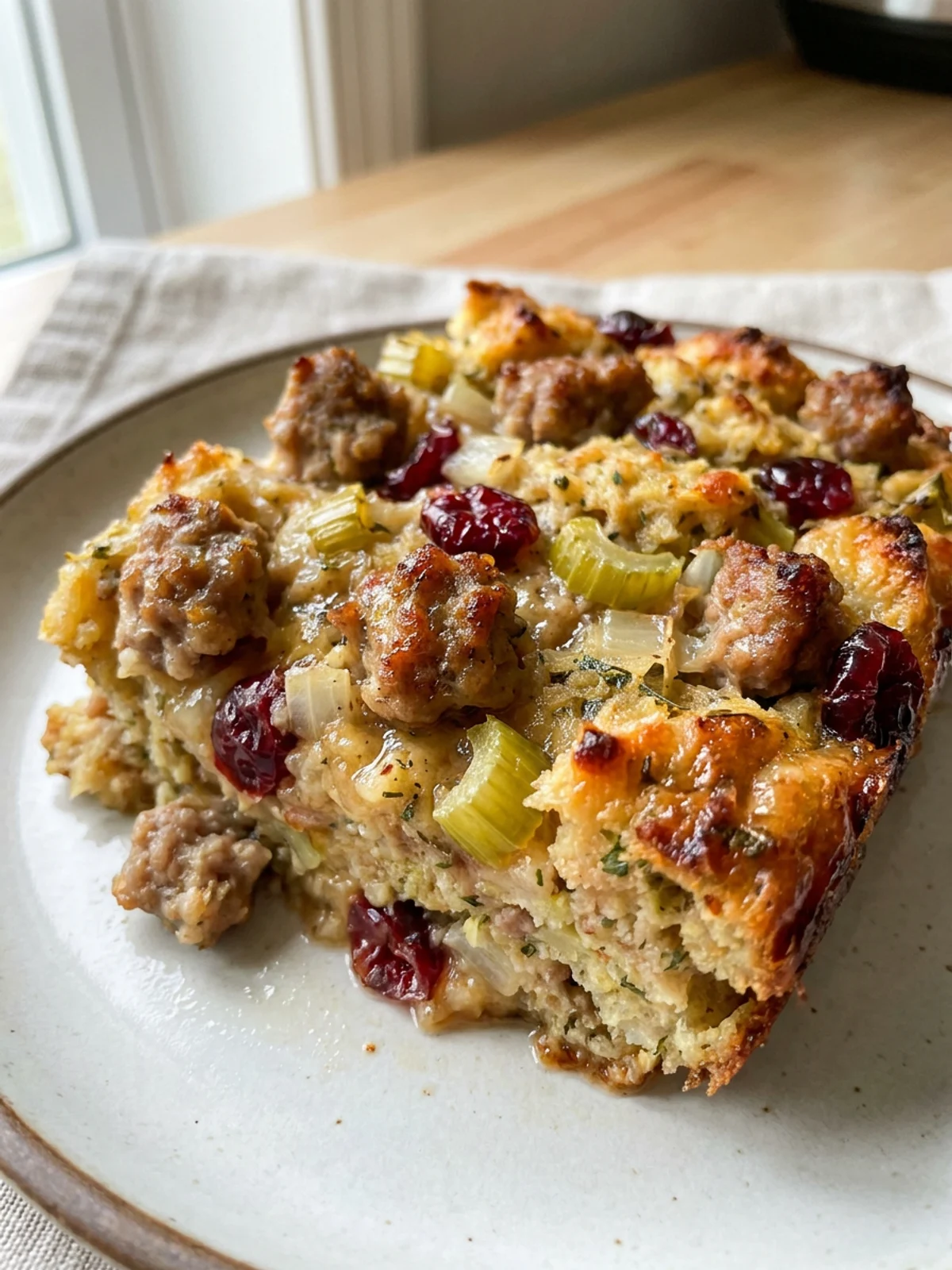 A white plate with a square portion of stuffing casserole, ready to eat.